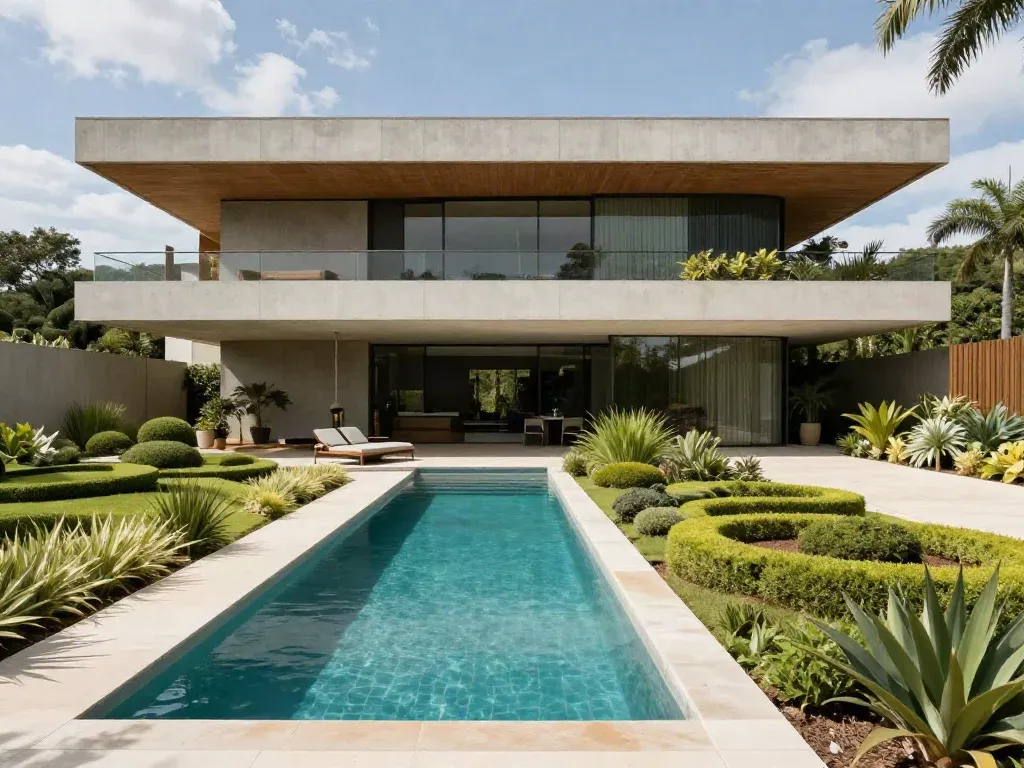 Casa contemporânea de concreto com piscina estreita e plantio escultural