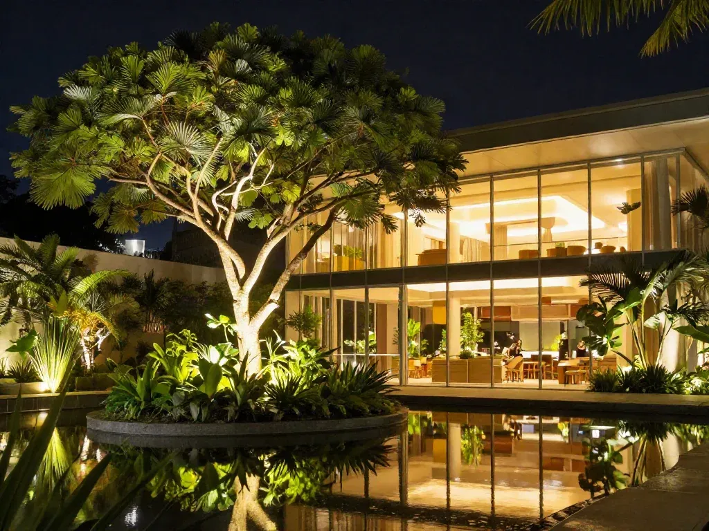 Jardim noturno com árvore iluminada e interior de vidro ao fundo