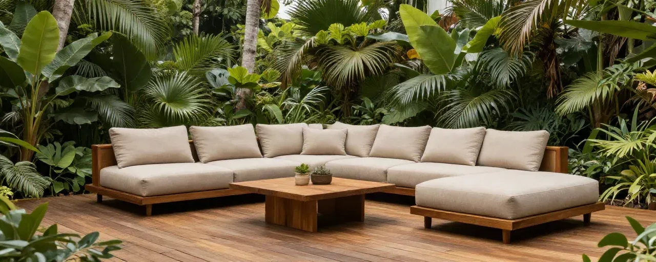 Lounge ao ar livre em deck de madeira cercado por jardim tropical exuberante