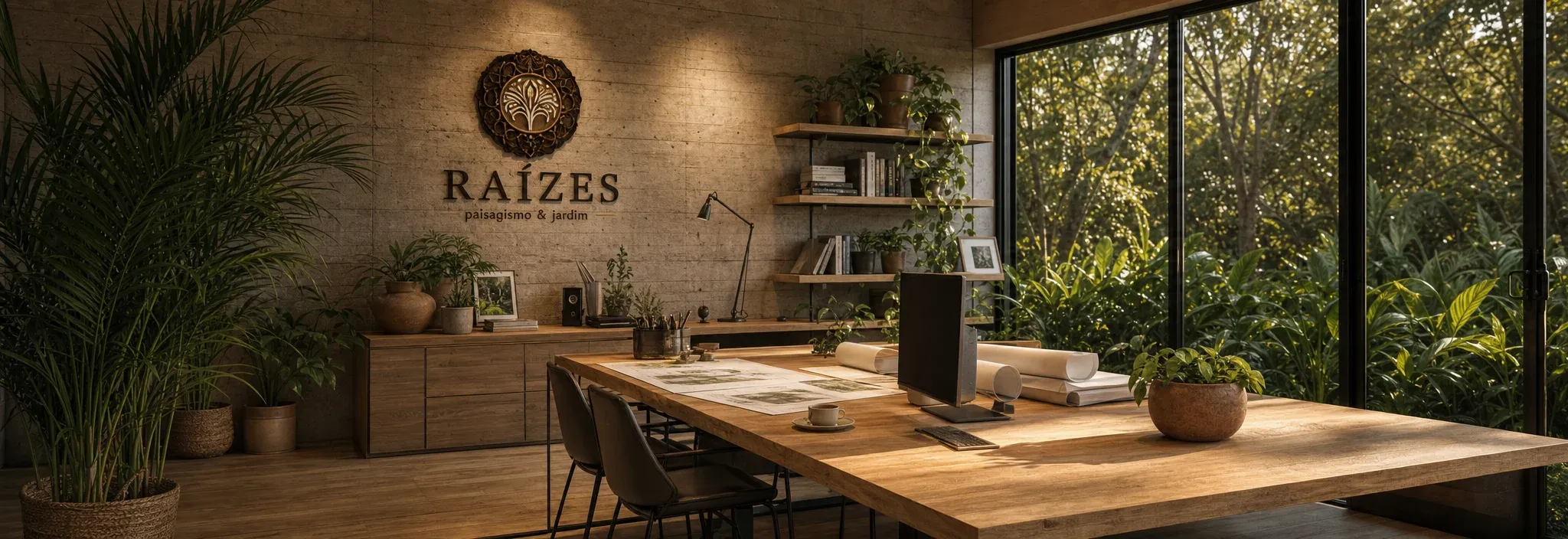 Interior do escritório da Raízes: mesa de trabalho com projetos e vegetação ao fundo
