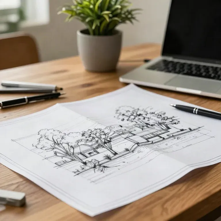 Desenhos e plantas de paisagismo sobre a mesa do escritório